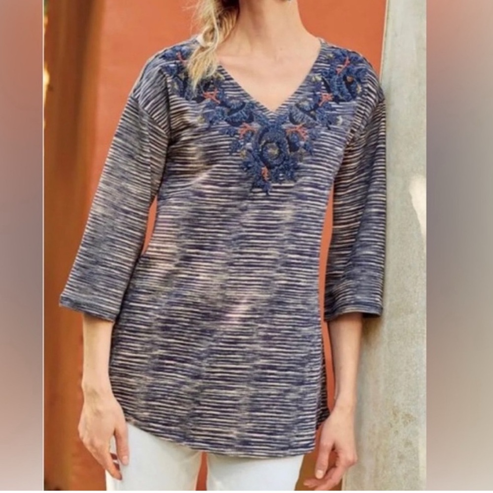 Soft Surroundings Sweater Mangata 3/4 Sleeve Embroidery Size Large